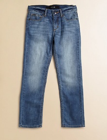 A faded, light wash basic with five-pocket styling, a straight-leg silhouette and a little stretch for a comfy fit.Front button closureWaistband with belt loopsZip flyFive-pocket style98% cotton/2% spandexMachine washImported A faded, light wash basic with five-pocket styling, a straight-leg silhouette and a little stretch for a comfy fit.Front button closureWaistband with belt loopsZip flyFive-pocket style98% cotton/2% spandexMachine washImported