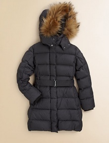Chase the chills away with this cozy must-have, featuring down insulation and stylish channel quilting.Snap-off hood with fur trimStand collarQuilted alloverConcealed zip and snap frontLong sleeves with rib-knit cuffsLogo patch on one armDual front slash pocketsBelted waistFully linedShell: polyamideFill: goose downTrim: dyed Asiatic raccoon furDry cleanImportedFur origin: Finland Chase the chills away with this cozy must-have, featuring down insulation and stylish channel quilting.Snap-off hood with fur trimStand collarQuilted alloverConcealed zip and snap frontLong sleeves with rib-knit cuffsLogo patch on one armDual front slash pocketsBelted waistFully linedShell: polyamideFill: goose downTrim: dyed Asiatic raccoon furDry cleanImportedFur origin: Finland