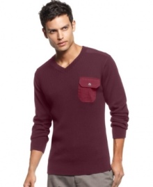 Straight up casual and a tad military, the Cadet v-neck sweater from Marc Ecko Cut & Sew features contrast shoulder and elbow patches for an innovative warm-weather coordinate. Straight up casual and a tad military, the Cadet v-neck sweater from Marc Ecko Cut & Sew features contrast shoulder and elbow patches for an innovative warm-weather coordinate.