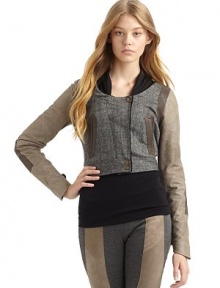 THE LOOKWoven tweed with draped knit collarSnap flap over front zipperLeather trim at shoulders, sleeves and front slant pocketsAngled slit cuffs with snap tabsTHE FITAbout 16½ from shoulder to hemTHE MATERIAL53% wool/34% polyester/7% acrylic/6% other fibersLeather trimCotton liningCARE & ORIGINDry clean by leather professionalImportedOUR FIT MODEL RECOMMENDS ordering one size up as this style runs small. THE LOOKWoven tweed with draped knit collarSnap flap over front zipperLeather trim at shoulders, sleeves and front slant pocketsAngled slit cuffs with snap tabsTHE FITAbout 16½ from shoulder to hemTHE MATERIAL53% wool/34% polyester/7% acrylic/6% other fibersLeather trimCotton liningCARE & ORIGINDry clean by leather professionalImportedOUR FIT MODEL RECOMMENDS ordering one size up as this style runs small.