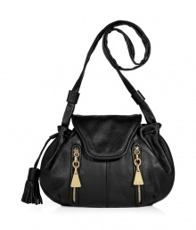 Add a jolt of Parisian chic to your outfit with See by Chlo?s jet black textured leather drawstring bag - Flap with magnetic snap closure underneath, zippered front slit pockets with gold-toned logo engraved pulls, drawstring top with oversized tassel, shoulder strap, printed lining, inside zippered back wall pocket - Wear with printed tops, favorite jeans and flats Add a jolt of Parisian chic to your outfit with See by Chlo?s jet black textured leather drawstring bag - Flap with magnetic snap closure underneath, zippered front slit pockets with gold-toned logo engraved pulls, drawstring top with oversized tassel, shoulder strap, printed lining, inside zippered back wall pocket - Wear with printed tops, favorite jeans and flats