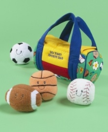 A big bag o' fun. A plush sports tote with Velcro closure, stuffed with soft, smiling balls, each with a distinctive sound. Soccer ball boings! Basketball rattles. Baseball crinkles. Football squeaks. A big bag o' fun. A plush sports tote with Velcro closure, stuffed with soft, smiling balls, each with a distinctive sound. Soccer ball boings! Basketball rattles. Baseball crinkles. Football squeaks.