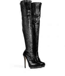 Inject high-octane glamour into your statement accessories wardrobe with Le Sillas exquisitely chic python over-the-knee boots - Softly pointed toe, hidden wafer platform, inside zip, dagger heel, leather sole with rubber platform - Wear with micro mini dresses, or layer with leather leggings and statement studded accessories