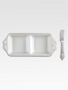 Juliska's signature thread and berry motif lends an elegant touch to this two-sectioned server and coordinating stainless steel spreader.Comes in a gift-boxed setStoneware ceramicDishwasher safe10.5 X 4.5 X 2Imported Juliska's signature thread and berry motif lends an elegant touch to this two-sectioned server and coordinating stainless steel spreader.Comes in a gift-boxed setStoneware ceramicDishwasher safe10.5 X 4.5 X 2Imported