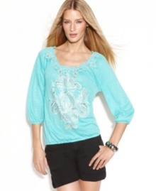 Pair INC's petite embroidered peasant top with shorts or slim capris to give any outfit a touch of exotic elegance. Pair INC's petite embroidered peasant top with shorts or slim capris to give any outfit a touch of exotic elegance.