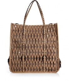 Elegant and artistic lined mesh leather shopper bag - Made of tan, studded leather in cross-hatch pattern - Decorative buckles - Long, thin shoulder straps for easy carrying and access to spacious interior with pockets - Ideal for weekends, errands Elegant and artistic lined mesh leather shopper bag - Made of tan, studded leather in cross-hatch pattern - Decorative buckles - Long, thin shoulder straps for easy carrying and access to spacious interior with pockets - Ideal for weekends, errands