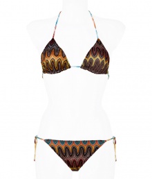 Inject urban attitude into your poolside look with Missonis dark-multi leaf patterned string bikini, detailed with a brightly printed reverse for that iconic Missoni look - Multicolored halter and back self-tie string straps, multicolored photo-print reverse - Self-tie side strings on bottom - Comes with a matching drawstring pouch - Wear with colorful sandals and oversized beach totes Inject urban attitude into your poolside look with Missonis dark-multi leaf patterned string bikini, detailed with a brightly printed reverse for that iconic Missoni look - Multicolored halter and back self-tie string straps, multicolored photo-print reverse - Self-tie side strings on bottom - Comes with a matching drawstring pouch - Wear with colorful sandals and oversized beach totes