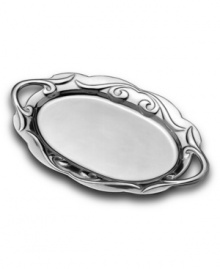 Make every dish look effortlessly graceful with this beautiful handled serving tray from Wilton Armetale. A rich, antique-inspired scroll pattern dances freely along the scalloped borders of this large, handy piece. Non-toxic metal keeps hot foods hotter and cold foods colder. Make every dish look effortlessly graceful with this beautiful handled serving tray from Wilton Armetale. A rich, antique-inspired scroll pattern dances freely along the scalloped borders of this large, handy piece. Non-toxic metal keeps hot foods hotter and cold foods colder.