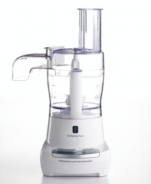 Wolfgang Puck wants to change the food prep process. His innovative food processor features a unique, spouted continuous flow lid that lets you slice, shred, chop, mix, knead, puree or emulsify directly into a separate container. One-year warranty. Model WPFPR035. Wolfgang Puck wants to change the food prep process. His innovative food processor features a unique, spouted continuous flow lid that lets you slice, shred, chop, mix, knead, puree or emulsify directly into a separate container. One-year warranty. Model WPFPR035.