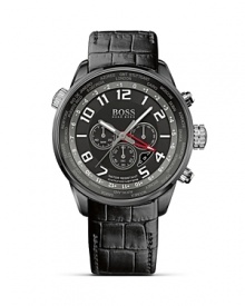 A luxe timepiece from HUGO BOSS featurring user-friendly world time calculation through a dedicated crown. The names of 24 major world cities are printed on the reflector ring for instantaneous world time calculation. A croc-embossed leather straps ensures a timeless finish. A luxe timepiece from HUGO BOSS featurring user-friendly world time calculation through a dedicated crown. The names of 24 major world cities are printed on the reflector ring for instantaneous world time calculation. A croc-embossed leather straps ensures a timeless finish.