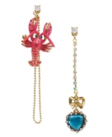 Find your lobster. Betsey Johnson's crustacean-inspired earrings feature a mismatched design with an adorable lobster and a bright blue crystal heart. Crafted from gold tone mixed metal with sparkling crystal accents, crystal cup chain and gold tone bows. Approximate drops: 3-1/2 inches.