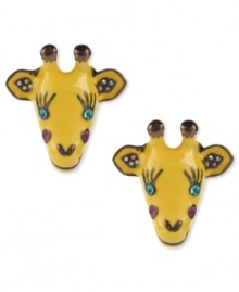 Scale new heights. Betsey Johnson's antique gold tone mixed metal giraffe stud earrings feature yellow and brown detailing and crystal accents. Approximate diameter: 3/4 inch. Scale new heights. Betsey Johnson's antique gold tone mixed metal giraffe stud earrings feature yellow and brown detailing and crystal accents. Approximate diameter: 3/4 inch.