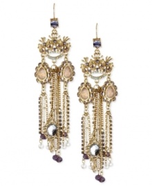 The royal treatment. Betsey Johnson's linear earrings, crafted from gold-tone mixed metal with colorful crystal accents and multiple chains-as well as a gold-tone mirror-are a crowning achievement in style. Approximate drop: 1-1/2 inches.