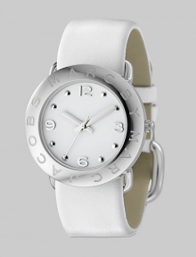 A subtly logo engraved bezel with sleek white dial and leather strap.Quartz movement Water resistant to 3 ATM Logo engraved bezel Round stainless steel case, 36mm, (1.41) White dial Arabic numeral and dot hour markers Second hand Leather strap, 22mm, (.86) Buckle closure Imported 