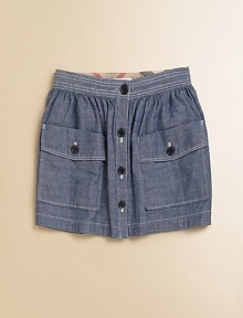 This shapely skirt of soft chambray has great big pockets to hold her essentials.Topstitched waistbandButton frontOversized patch and flap pocketsInside check trimCottonMachine washImported Please note: Number of buttons may vary depending on size ordered. This shapely skirt of soft chambray has great big pockets to hold her essentials.Topstitched waistbandButton frontOversized patch and flap pocketsInside check trimCottonMachine washImported Please note: Number of buttons may vary depending on size ordered.