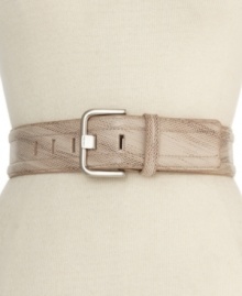 Calvin Klein adds bite with chic snake embossing on this wide, faux-leather belt. Instantly spices up your everyday look. Calvin Klein adds bite with chic snake embossing on this wide, faux-leather belt. Instantly spices up your everyday look.