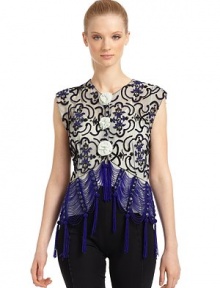 THE LOOKAllover beaded design with rhinestone appliquéSemi-sheer constructionV-neckFront bow detailCap sleevesBeaded fringe trim along hemTHE FITAbout 22 from shoulder to hemTHE MATERIALNylonSilk liningCARE & ORIGINDry cleanMade in ItalyModel shown is 5'10½ (179cm) wearing US size 4. 