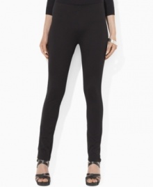Lauren Ralph Lauren's slim, fitted leg creates a modern look on the flattering Mani petite pant in sleek stretch jersey. Lauren Ralph Lauren's slim, fitted leg creates a modern look on the flattering Mani petite pant in sleek stretch jersey.