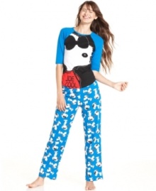 Lounge around with everyone's favorite dog. Briefly Stated's Snoopy 3/4 sleeve knit top is baseball-style and features a bold snoopy graphic on the front. The full-length pants are extra comfy with an elastic waistband and drawstring closure. Lounge around with everyone's favorite dog. Briefly Stated's Snoopy 3/4 sleeve knit top is baseball-style and features a bold snoopy graphic on the front. The full-length pants are extra comfy with an elastic waistband and drawstring closure.