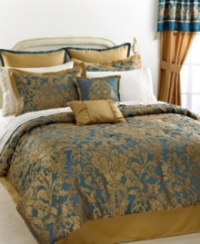 Utterly magnificent, this Buckingham comforter set makes a statement in any space with a lovely flourish pattern in shimmering gold and rich blue that perfectly complement each other. This comprehensive set comes with enough components to give your room a fantastic new look. Utterly magnificent, this Buckingham comforter set makes a statement in any space with a lovely flourish pattern in shimmering gold and rich blue that perfectly complement each other. This comprehensive set comes with enough components to give your room a fantastic new look.