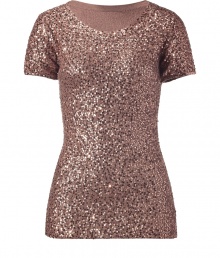 Luxe short sleeve top in silk and cashmere blend - Chic bronze shade compliments the all over sequin embellishment - Slim fit, hits below the hip - Flattering rounded neckline - Pair with skinny denim and pumps or a blazer and maxi skirt for a modern, sophisticated look Material: 70%Cashmere 30%Silk