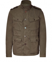 Stylish jacket in fine, sepia cotton stretch blend - A softer, lighter weight take on the classic military parka - Stand-up collar, epaulets and full-length button placket - Oversize flap pockets at chest and hips - Chic and utilitarian, a perfect blend of rugged and refined - Pair with jeans, chinos, or casual trousers