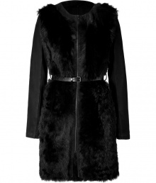 Wrap yourself up in trend-right luxe with this fur and leather combo coat - Round neck, long leather sleeves, slim fur body, front zip closure, belted waist - Pair with sleek trousers and a blouse, or a slinky cocktail sheath Wrap yourself up in trend-right luxe with this fur and leather combo coat - Round neck, long leather sleeves, slim fur body, front zip closure, belted waist - Pair with sleek trousers and a blouse, or a slinky cocktail sheath