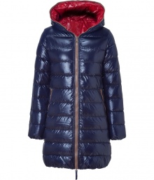 Stay warm while maintaining your impeccable style in this sporty, lightweight down jacket from Duvetica - Hooded, front zip closure that extends to the hood for decorative effect, long sleeves, zip pockets, quilted, mid-thigh length - Wear with an elevated jeans-and-tee ensemble and shearling lined boots