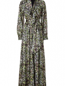 Dramatic and glamorous in super soft silk, Rachel Zoes printed maxi dress is a chic choice with that characteristic modern-vintage feel - Deep V-neckline with tie, long sleeves, gathered buttoned cuffs, button-down front, self-tie sash, belt loops - Softly draped fit, floor-length - Team with heels and statement accessories