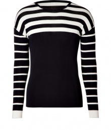 Work an optical edge into you contemporary knitwear collection with Jil Sanders black and cream striped pullover - Round neckline, contrast striped long sleeves, dropped shoulders, solid cuffs - Slim fit - Wear with a button-down, slim cut trousers and leather Chelsea boots Work an optical edge into you contemporary knitwear collection with Jil Sanders black and cream striped pullover - Round neckline, contrast striped long sleeves, dropped shoulders, solid cuffs - Slim fit - Wear with a button-down, slim cut trousers and leather Chelsea boots