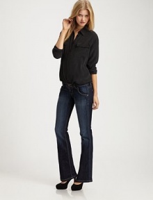 Classic bootcut fit in a dark medium wash designed with a shorter inseam just right for petite frames.THE FITEasy fit through hip and thighs Slight flare from knee to hem Rise, about 8 Inseam, about 30THE DETAILSWide waistband with two-button closure Zip fly Five-pocket style Button-flap back pockets Cotton/elastene; machine wash Made in USA Classic bootcut fit in a dark medium wash designed with a shorter inseam just right for petite frames.THE FITEasy fit through hip and thighs Slight flare from knee to hem Rise, about 8 Inseam, about 30THE DETAILSWide waistband with two-button closure Zip fly Five-pocket style Button-flap back pockets Cotton/elastene; machine wash Made in USA
