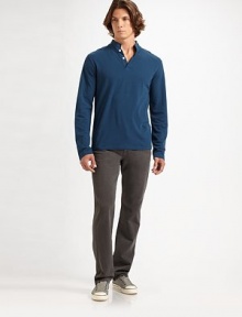 A casual classic in standard-fitting, rigid Japanese twill. Five-pocket style Button fly Signature back pocket embroidery Inseam, about 34 Cotton Machine wash Made in USA A casual classic in standard-fitting, rigid Japanese twill. Five-pocket style Button fly Signature back pocket embroidery Inseam, about 34 Cotton Machine wash Made in USA