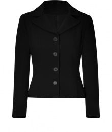 Stylish blazer in a black wool-crepe mix - Features long, trim sleeves, short collar, placket, and short, feminine waist - Simultaneously sophisticated and trendy for many styling options, including with a pencil skirt and heels, or silk blouse, skinny jeans and boots