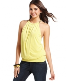 Gold-toned halter straps add metallic magic to this blouson-style top from XOXO! Contrast the coolness of the top's relaxed silhouette with a pair of skinny jeans. Gold-toned halter straps add metallic magic to this blouson-style top from XOXO! Contrast the coolness of the top's relaxed silhouette with a pair of skinny jeans.