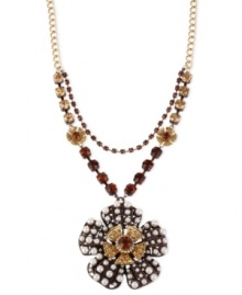 Plentiful petals from Betsey Johnson. This pendant necklace embellishes your look with brown tone chains, topaz crystals cup chains, gold tone flowers with crystal accents, brown tone flower with glass pearls and gold tone flower with topaz crystals accents. Crafted in gold tone mixed metal. Approximate length: 18 inches + 3-inch extender. Approximate drop: 2-3/4 inches.