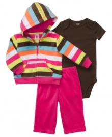 An all over animal print hoodie with matching pink tonal pants will have your baby girl looking cute beyond compare. An all over animal print hoodie with matching pink tonal pants will have your baby girl looking cute beyond compare.