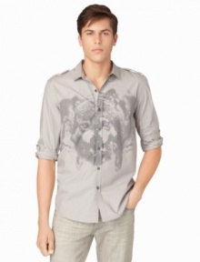 Get our of your boring button-down rut with this cool animal graphic military shirt by Calvin Klein Jeans.