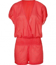 Bring instant chic to your poolside style with this adorable cover up jumpsuit from Juicy Couture - V-neck, wrap front, shirred waistband, short sleeve, mini-length shorts - Style with a classic bikini and wedge sandals