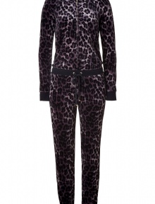 Your one stop to ultra glam lounging: Juicy Coutures wonderfully wild animal print velour romper! - Hooded, long raglan sleeves, fitted black knit cuffs, zippered front, drawstring waistband, black grosgrain trim, fitted elasticized ankles - Easy slim fit - Wear with shearling lined boots and tissue soft camis