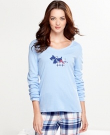 Lounge around in stylish comfort with Charter Club's Critters pajama top. It features full-length sleeves and a cute dog design on the front. Lounge around in stylish comfort with Charter Club's Critters pajama top. It features full-length sleeves and a cute dog design on the front.