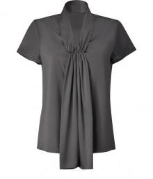 Raise the bar on contemporary classics with Steffen Schrauts elegant grey short sleeve silk top -  Small stand up collar with decorative draped silk panel at front - Easy, feminine silhouette tapers gently through waist - Pair with a blazer or denim jacket and style with with pencil skirts, skinny denim or dress trousers