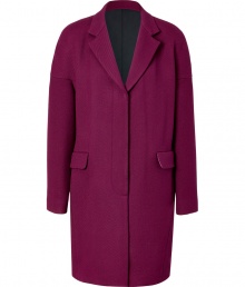 With its rich shade of plum purple and ultra modern silhouette, DKNYs stretch wool twill coat guarantees a contemporary-cool finish to your look - Notched lapel, long sleeves, dropped shoulders, front flapped pockets, hidden button-down front, back vent, oversized boxy fit - Team with modern-minimalist separates for that impossibly chic city feel With its rich shade of plum purple and ultra modern silhouette, DKNYs stretch wool twill coat guarantees a contemporary-cool finish to your look - Notched lapel, long sleeves, dropped shoulders, front flapped pockets, hidden button-down front, back vent, oversized boxy fit - Team with modern-minimalist separates for that impossibly chic city feel