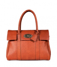 Opt for the iconic this season with Mulberrys richly hued cinnamon semi-embossed snake print Bayswater leather tote - Snake print semi-embossed leather, flap front with snake engraved signature Postmans lock closure, double top handles with padlock fob, internal belt straps to adjust size, inside zippered back wall pocket, two front wall slot pockets - Pair with tailored outerwear and sleek leather boots Opt for the iconic this season with Mulberrys richly hued cinnamon semi-embossed snake print Bayswater leather tote - Snake print semi-embossed leather, flap front with snake engraved signature Postmans lock closure, double top handles with padlock fob, internal belt straps to adjust size, inside zippered back wall pocket, two front wall slot pockets - Pair with tailored outerwear and sleek leather boots