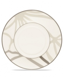 Abstract markings in soft shades of khaki frame this glazed white saucer for unconventional elegance. From Noritake dinnerware, these dishes are trimmed with matte platinum for modern polish on casual and formal tables alike. Abstract markings in soft shades of khaki frame this glazed white saucer for unconventional elegance. From Noritake dinnerware, these dishes are trimmed with matte platinum for modern polish on casual and formal tables alike.