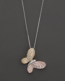 A blend of white, yellow and rose gold bring a blush of luxurious color to this beautiful diamond butterfly pendant. A blend of white, yellow and rose gold bring a blush of luxurious color to this beautiful diamond butterfly pendant.