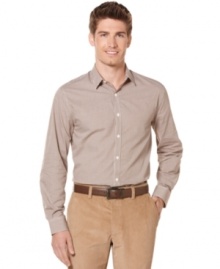 Look sharp in this slim fit plaid button down by Perry Ellis.