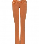 Colorful jeans are de rigueur this season, and True Religions orange pants offer a chic twist on a summer staple - Faded, antique rinse has a look of well-worn cool - Low rise, with belt loops, zip fly and button closure - Flattering signature  triangular flap pockets at rear and right hip - Straight, slim leg - Pair with  t-shirts, button downs and silk blouses