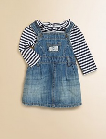 Nautical style is sweetly interpreted with a classic set that features a denim jumper dress and a striped long-sleeved bodysuit. Bodysuit Ruffled crewneckLong sleeves with sewn cuffsButton frontBottom snaps for easy on and off Jumper SquareneckStrapless with shoulder snapsLogo chest patch pocketAngled hand pocketsWaist with belt loopsSewn hemBodysuit: cottonJumper: 65% cotton/35% linenMachine washImported Please note: Number of Nautical style is sweetly interpreted with a classic set that features a denim jumper dress and a striped long-sleeved bodysuit. Bodysuit Ruffled crewneckLong sleeves with sewn cuffsButton frontBottom snaps for easy on and off Jumper SquareneckStrapless with shoulder snapsLogo chest patch pocketAngled hand pocketsWaist with belt loopsSewn hemBodysuit: cottonJumper: 65% cotton/35% linenMachine washImported Please note: Number of
