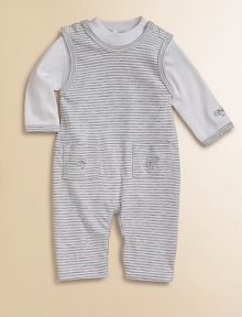 From the Nutkins collection, a striped pima cotton coverall is adorned with embroidered squirrels and paired with a matching bodysuit for a precious ensemble. Bodysuit CrewneckLong sleeves Shoulder snap closureBottom snaps Overalls Round necklineSleevelessShoulder snapsPatch pocketsBottom snapsOverall: 94% pima cotton/6% polyesterBodysuit: CottonMachine washImported Please note: Number of snaps may vary depending on size ordered.