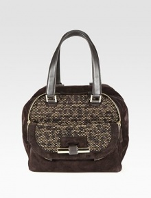 Glittering rhinestones on leopard-printed suede adds an extra dose of glamour to this easy carryall. Double leather top handles, 8 dropTop zip closureOne outside flap and zip pocketProtective metal feetOne inside zip pocketCanvas lining9½W X 10¼H X 6¼DMade in Italy Glittering rhinestones on leopard-printed suede adds an extra dose of glamour to this easy carryall. Double leather top handles, 8 dropTop zip closureOne outside flap and zip pocketProtective metal feetOne inside zip pocketCanvas lining9½W X 10¼H X 6¼DMade in Italy